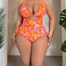 Slayr CURVE 2026 Spring New Halter Hollow Out Printed One-Piece High Waist Ruched Swimsuit For Women - Multicolor - Ver 1