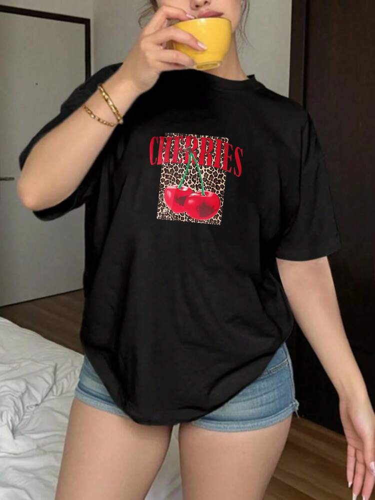 Women's Short Sleeve T-Shirt, Available In Various Colors, Loose Fit, Comfortable Cotton T-Shirt - 黑色 - 查看 1