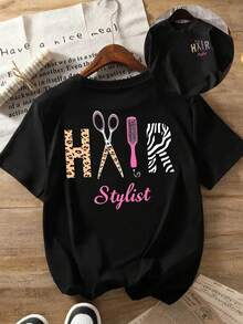 Women's Casual Hair Stylist Leopard Zebra Print Black Round Neck Short Sleeve T-shirt Made from Knitted Fabric - Negro - Ver 3
