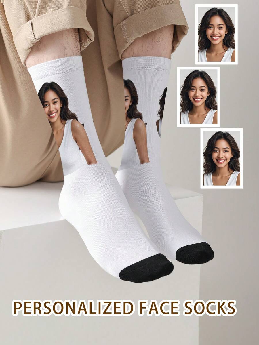 1 Pair Customized Face Pattern Socks, Customizable Photo Socks, Personalized Printed Socks, Funny Face Socks, Custom Pattern Socks, Print Any Face Pattern On Socks, Anniversary Gift, Valentine's Day Gift, Unique Birthday Gift, Customized Keepsake Gift - Multicolor - View 1