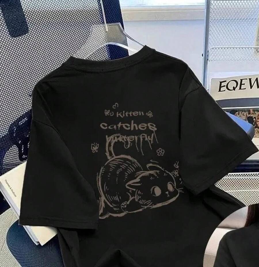 Camiseta para Mujer con Estampado Gráfico Coreano, Cuello Redondo, Manga Corta, Diseño Y2K Casual, Ideal para Verano - Negro - Ver 1