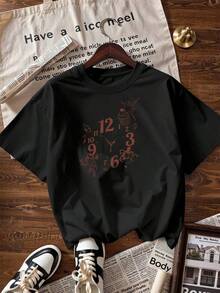 Short-Sleeve T-Shirt With Clock And Cupcake And Rabbit Details, Fashionable Short-Sleeve T-Shirt For Spring And Summer 2026, Made In Mexico, 180 Grams. Cartoon Print, Couple Design, Suitable For Indoor Or Outdoor Wear. Crew Neck, Unisex, Ideal For Office And Leisure. One-Piece Pack. - BK-P631577SLNDXZGY406 - 查看 4