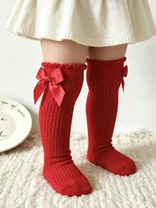 1 Pair Girls' Mesh Bow Knee High Socks, Breathable Non-Sweating Calf Length Socks - Red - View 3