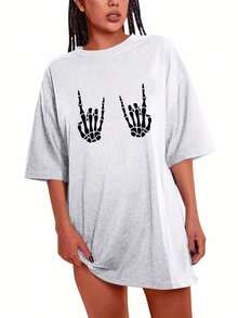 Camiseta de cuello redondo con estampado de calaveras, camiseta de verano de moda, holgada y de manga corta, ropa de mujer, playeras de mujer. - Blanco - Ver 3
