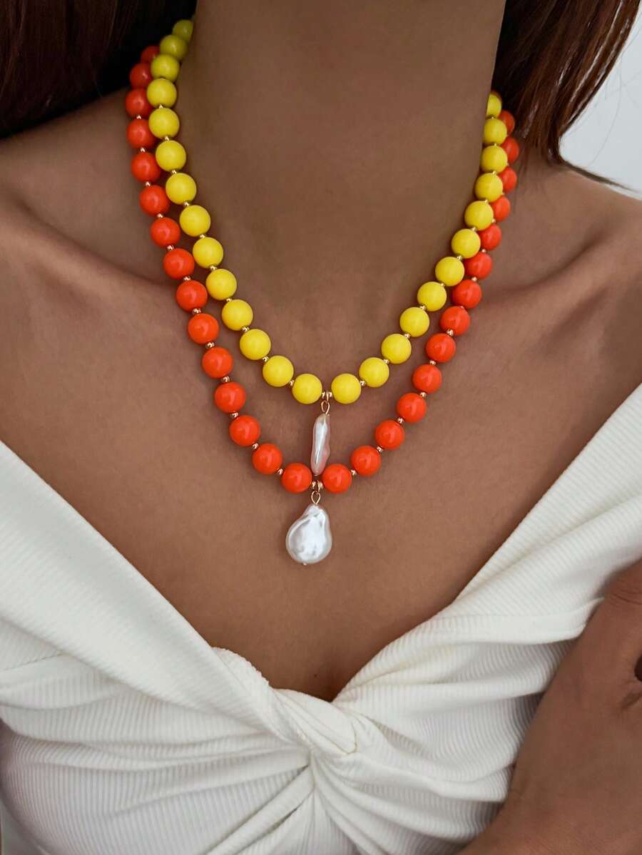 1pc Bohemian Style Geometric Colorful Acrylic Beaded Asymmetric Baroque Faux Pearl Pendant Charm Jewelry Necklace, Luxurious & Elegant, For Wedding, Banquet, Vacation, Party, Daily Casual, Street Style, Women, Couples, Holiday, Birthday, Versatile Necklace Gift