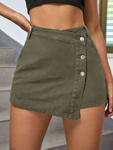 Envoltorio de falda pantalón denim con dobladillo asimétrico de unicolor - Verde - Ver 6