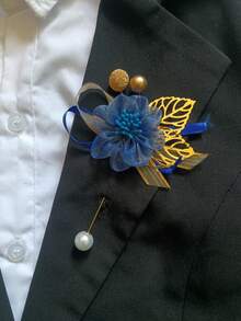 1pc Unisex Blue Rose & Daisy Flower Brooch, Gold Accent, Wedding Lapel Flower Decor, 1pc,Festival,Birthday - Multicolor - View 4