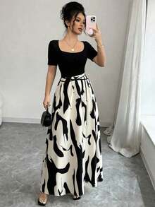 Vestido de manga corta con estampado, cintura ajustada y lazo, estilo qipao elegante para mujer - Multicolor 7 - Ver 7