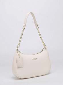 2026 New Classic Wild Letter Pattern Decor Design Solid Color PU Leather Shoulder Bag Moon Bag, Suitable For Shopping, Can Be Worn Crossbody - White - View 3
