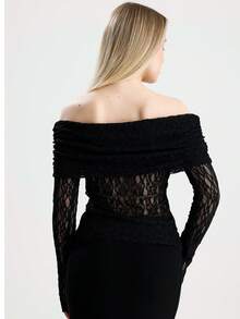 RoseArya Bardot Neck Lace Sheer Blouse - Black - View 4