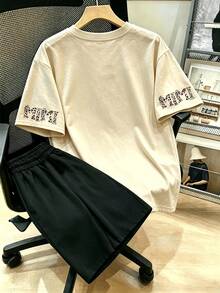 Leopard Print Letter Pattern T-Shirt And Shorts, Plus Size Women's Summer Casual Two Pieces Set Elegant - Multicolor - View 2