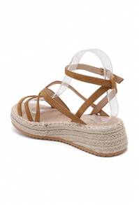 Sandalia de suela gruesa de yute para mujer, diseño de minimalista y elegante con tiras cruzadas en la pala y cierre de hebilla ajustable, ideal para uso diario y vacaciones - Camel - Ver 4