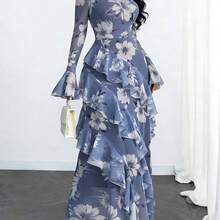 Women's Elegant Sexy Modern Luxurious Long Sleeve Y2K Romantic Ruffle Double Layer Printed Dress Vacation - Multicolor - Ver 7