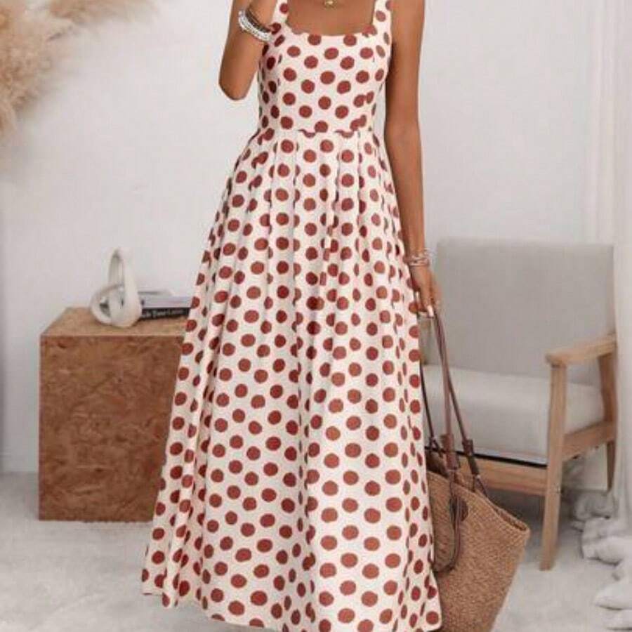 Women's U-Neck Wide Strap Cinched Waist Pleated Back Adjustable Elastic Flared A-Line Midi Dress, Romantic Big Polka Dot, Elegant French Retro Minimalist, Suitable For Office, Commute, Business, Casual, Beach, Spring/Summer - Multicolor - Ver 1
