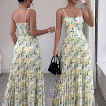 Elenzya Sleeveless V-Neck A-Line Waist Cinched Elegant Romantic Ditsy Floral Dress, Suitable For Resort, Garden Party, Spring/Summer Gathering, Travel - Multicolor - Ver 10
