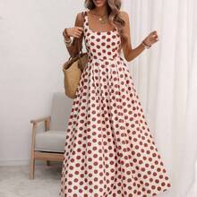 Women's U-Neck Wide Strap Cinched Waist Pleated Back Adjustable Elastic Flared A-Line Midi Dress, Romantic Big Polka Dot, Elegant French Retro Minimalist, Suitable For Office, Commute, Business, Casual, Beach, Spring/Summer - Verde - Ver 4