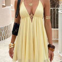 Women's Summer Black Spaghetti Strap Mini Dress, Deep V-Neck Camisole Style Tie-Up Chiffon Flowy Beach Holiday Party Dress Elegant - Amarillo - Ver 8