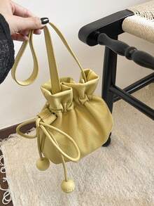 New Solid Color Drawstring Bucket Bag, Casual Cute Mini Shoulder Crossbody Bag - Yellow - View 8
