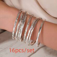 8/16 Peças Conjunto de Pulseiras Vintage Multicamadas para Mulheres, Conjunto de Pulseiras da Moda com Relevo Prateado, Conjunto de Pulseiras com Relevo Criativo, Conjunto de Joias de Pulseira Feminina, Acessórios Diários/Festivos/de Festa - Conjunto de joias - Visão 7