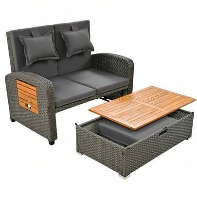 Garden Lounge Chair Set For 2 People, Grey Rattan, Adjustable Backrest, Support Leg, Can Be Used With A Footrest Or As An Outdoor Bed, With Back Cushion And Seat Cushion (Old Reference: HW24020AAA)