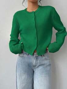 Cárdigan de mujer de manga larga, cuello redondo, suelto y corto, de unicolor, cómodo y acogedor, ideal para el uso diario, en color amarillo mantequilla para otoño/invierno - Verde - Ver 4
