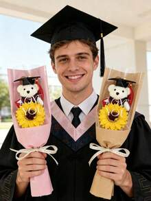 2026 Graduation Gift Sunflower Bouquet, Artificial Sunflower Bear Graduation Bouquet With Doctoral Cap, Suitable As Graduation Gift, Birthday Gift, Teacher's Day Gift For Friends, Classmates Or Girlfriend, Also Can Be Used As Home Decor - Multicolor - View 2