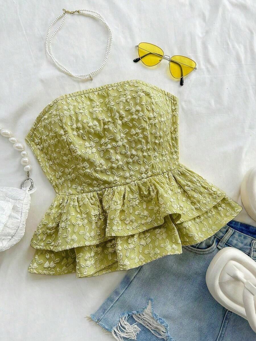Parte superior/blusa casual de verano amarillo canario con peplum y detalle de nudo atrás, para mujer en vacaciones - Verde - Ver 1