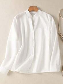 Camisa de mujer de unicolor con cuello en V y botones - Blusa casual y elegante de manga larga con detalle de bolsillo, adecuada para vacaciones, viajes y uso diario, artículo esencial para primavera, verano, otoño e invierno - Blanco - Ver 9