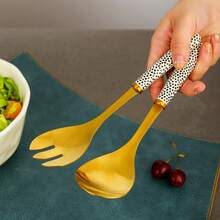 Stainless Steel Salad Fork And Spoon Set With Ceramic Handles, Extended Polka Dot Ceramic Handle Salad Spoon, Nordic Style Gold And Silver Color Salad Mixing Utensil, Kitchen Cooking And Baking Mixing Tool, High-End Gift Box Tableware, Dishwasher - View 6