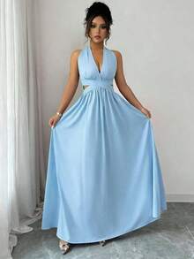Elegante vestido sin mangas con cuello en V, diseño hueco en la cintura y pliegues, color morado, nueva llegada de primavera/verano - Celeste - Ver 7