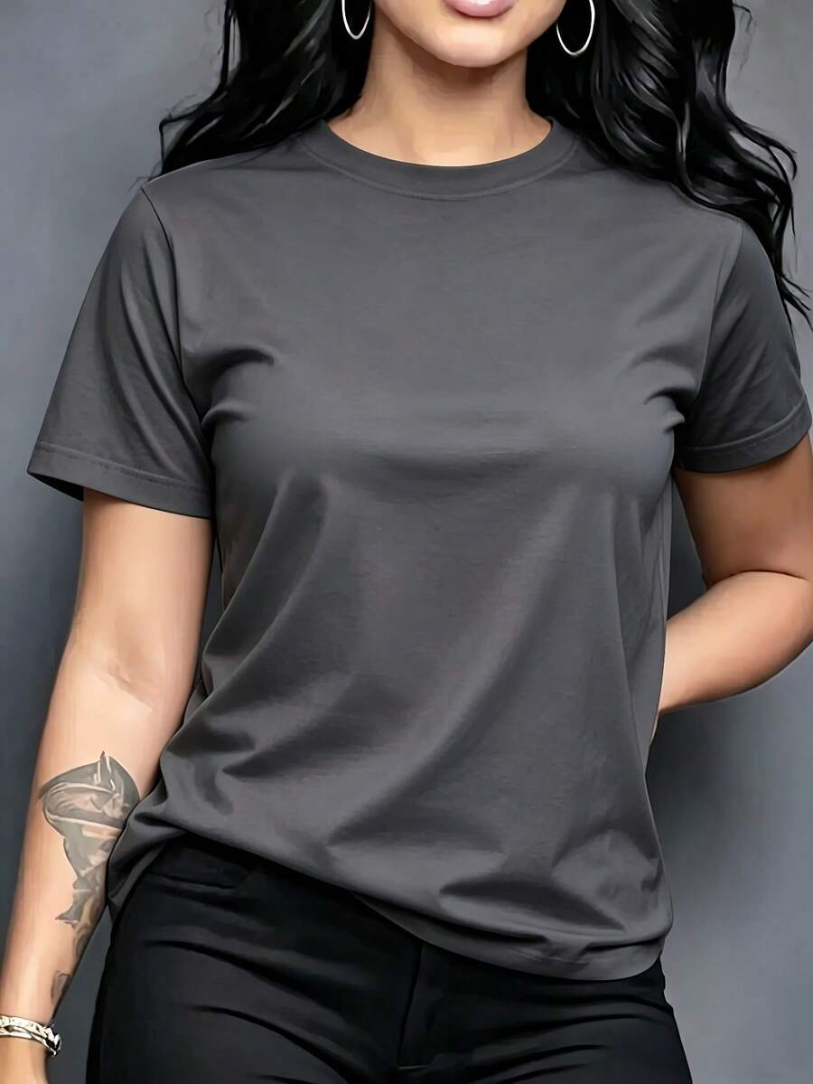 Women's Plain Colored T-Shirt With Round Neck, Short Sleeves, Casual And Soft Style, Ideal For Everyday Wear. - 深灰色 - 查看 1
