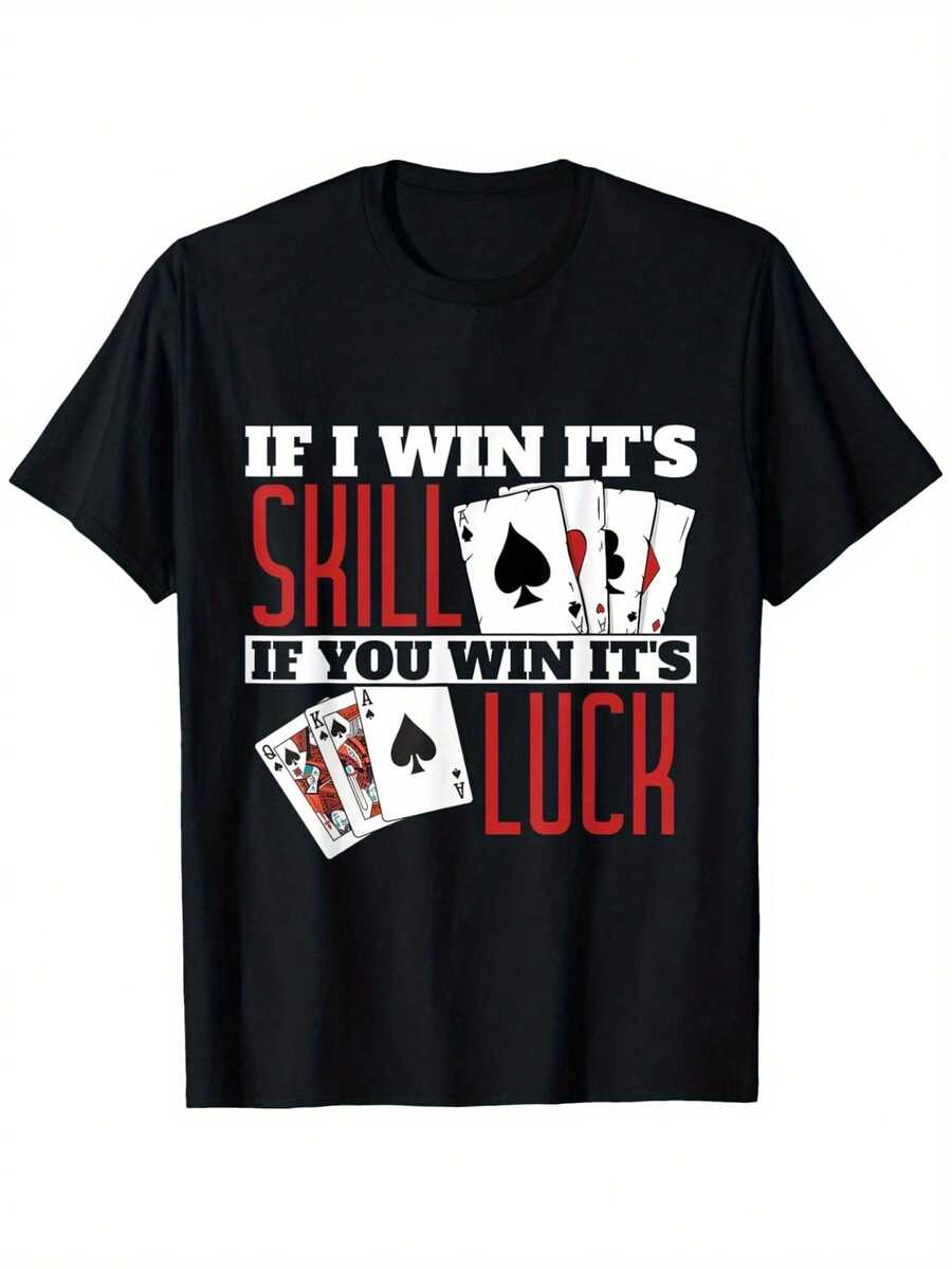 Camiseta Divertida de Póker Texas Hold'em - con la Frase "Si yo gano es por habilidad, si tú ganas es por suerte" - Diseño de cartas de póker en rojo/blanco sobre fondo negro - Camiseta unisex de corte holgado para noches de póker y fiestas - Camiseta de algodón lavable a máquina (tallas S-XXXL) - Idea de regalo para jugadores de póker - Estampado gráfico llamativo en rojo/blanco con símbolos de Texas Hold'em - 100% algodón, cómoda y casual para hombres y mujeres - Ropa divertida con frases de póker. - Negro - Ver 1