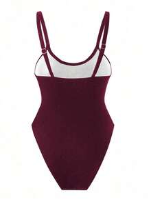 Traje de baño de una sola pieza para mujer con diseño de unicolor, tirantes, parches de malla, sexy y con recortes, estilo bohemio para festivales - Burdeos 2 - Ver 5
