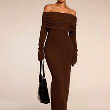 Women's Solid Color Off Shoulder Long Sleeve Casual Long Dress,Party Women Outfits,Women Clothes - Café integral - Ver 6