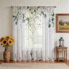 1 pièce Rideau translucide à motif d'eucalyptus vert aquarelle, rideau semi-transparent à imprimé végétal avec poche pour tringle, rideau en polyester léger, convient pour la chambre, le salon, la cuisine et la décoration de la maison - Vert acidulé - Voir 16