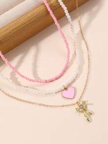 NAIZHU 3pcs/Set Cute Bow, Heart & Butterfly Pendant Colorful Beaded Necklace Set, Random Color, Gift For Girls - Multicolor - View 3