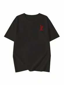 Camiseta Clásica de Cuello Redondo con Estampado de Conejo Rojo, Top Casual de Manga Corta para Primavera Verano, Ropa de Mujer, Camiseta de Verano - Negro - Ver 2