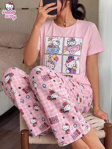 SANRIO 2件套可爱小猫图案睡衣套装，柔软舒适面料，成人女士家居睡衣 - 粉色 - 查看 2