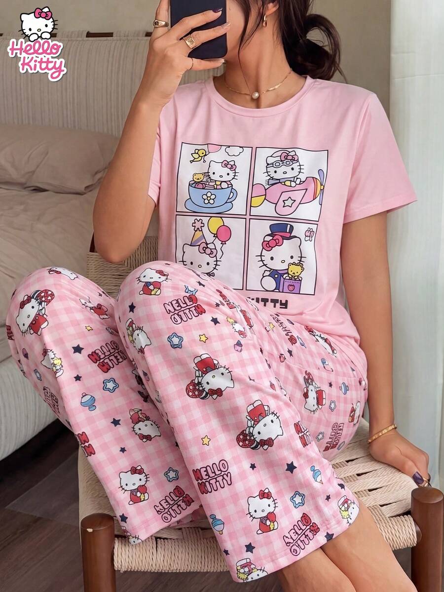 SANRIO 2件套可爱小猫图案睡衣套装，柔软舒适面料，成人女士家居睡衣