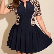 Swim Lushore Plus Size Women Summer Resort Leopard Patchwork V-Neck Short Sleeve Zipper Flare Mini Skirt Solid Color Knee-Length Shorts Burkini Swimsuit Set - Negro - Ver 6