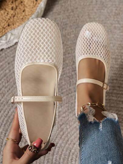 Summer Mesh Hollow Mary Jane Shoes, Square Toe One-Strap Breathable Flat Shoes, Women's Versatile Daily Wear Loafers