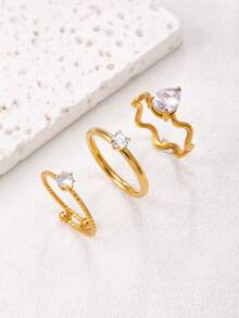 Juego de anillos apilables de acero inoxidable chapado en oro de 18K con incrustaciones de diamante de imitación, diseño minimalista de corazón y gota de agua, anillos de amistad versátiles para uso diario - Dorado - Ver 8