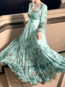 Women's Elegant Modern Romantic Floral Print Long Sleeve Ruffle Patchwork Design Luxurious Swing Dress With Ruffled Hem - Mint Green - View 6