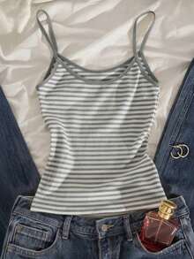Camiseta de tirantes a rayas minimalista y de moda, regalo para amigos - Gris - Ver 4