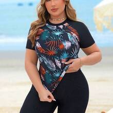 Swim Lushore Plus Size 2pcs Women Leaf Print Patchwork Top And Long Swim Shorts, Black Splicing Round Neck Sleeveless Bikini Set, Beach Vacation For Summer - Multicolor - Ver 5