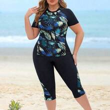 Swim Lushore Plus Size 2pcs Women Leaf Print Patchwork Top And Long Swim Shorts, Black Splicing Round Neck Sleeveless Bikini Set, Beach Vacation For Summer - Multicolor - Ver 8