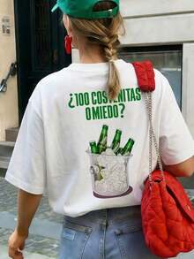 Camiseta de manga corta para mujer con estampado divertido de cerveza, top casual de cuello redondo, adecuada para el verano, fiestas, vacaciones, estilo urbano, blanca, 100% algodón, blusas de mujer, camisetas de algodón para mujer. - Blanco - Ver 3