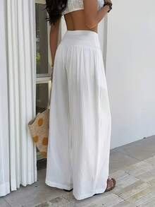 Women's Elegant Lightweight Solid Color Pleated Elastic Waist Casual Pants, Comfortable Loose Fit Suitable For All Seasons White - White - View 7