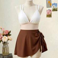 Swim Lushore Plus Size Women's Three-Color Patchwork Criss-Cross Strap Swimdress With Swimshorts 2 Pieces Set - Multicolor - Ver 4
