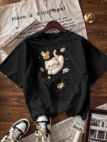 Camiseta de Manga Corta con Gato Divertido y Caligrafía Juvenil,Camiseta de manga corta de moda para primavera y verano de 2026, hecha en México, 180 gramos. Estampado de dibujos animados, modelo de pareja, apta para uso interior o exterior. Cuello redondo, unisex, ideal para oficina y ocio. Paquete de una pieza. - BK-P631577SLNDXZGY397 - Ver 4